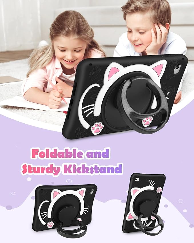 Wazzasoft for iPad Mini 1/2/3 Case 7.9 Inch Girls Cute Black Cat Cover Kawaii Girly Cartoon Women Kitten with Rotating Handle Stand &Strap Soft Silicone Funda for Apple iPad Mini 3rd/2nd/1st Gen Cases
