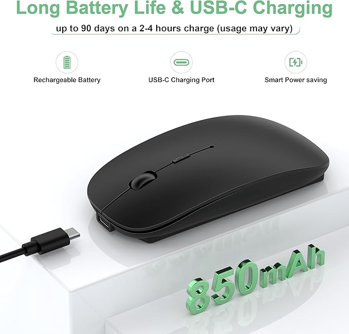 Wireless Mouse for MacBook Pro/Air, Bluetooth Rechargeable Mouse with USB-C, Slim Mouse Jiggler for iPad/iMac/Laptop/PC, 2.4G Dual Mode, Silent Click, Compatible Mac OS/Windows, Black