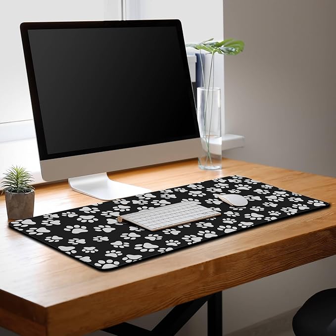 Keyboard Mousepad Black White, Big Mouse Pad Office Desk Pad Non-Slip Rubber Base Waterproof with Stitched Edges, 35.4" X 15.7" for Work/Game/Office/Home Dog Paw. Cat Footprint Dog Paw