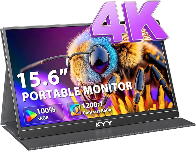 KYY 4K Portable Monitor for Laptop, 15.6'' Computer Screen Extender UHD 3840x2160,100% sRGB, 400 Nits, IPS Travel Monitor w/Speakers & Smart Cover for Laptop Xbox PS5 Switch PC Phone, VESA Compatible