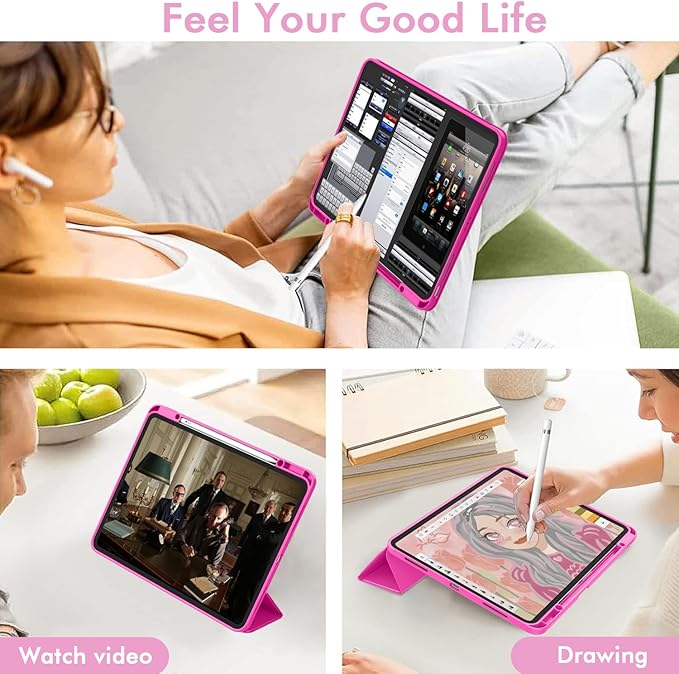 ZryXal New iPad Air 13 Inch Case M3 2025/M2 2024 with Pencil Holder, Trifold Stand Smart Case with Soft TPU Back,Auto Wake/Sleep(Rose Red)
