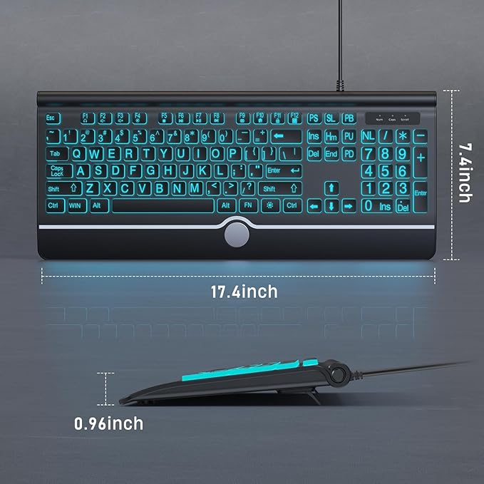 Backlit Large Print Keyboard, Wired Light Up Keyboards with 7-Color Backlit, Wrist Rest, Oversize Letters Keys Easy to See and Type, Corded Full-Size Keyboard for Windows Desktop, Laptop, PC, Gaming