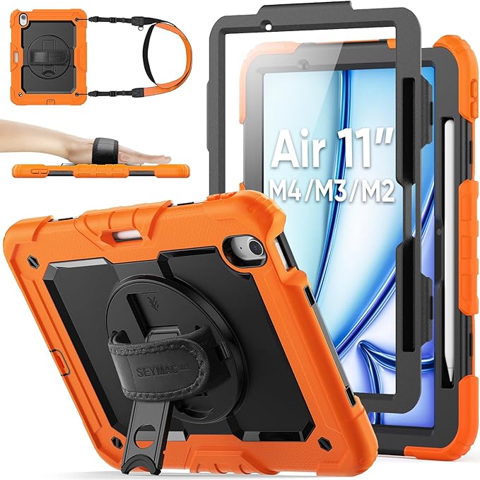 SEYMAC stock Case for iPad Air 11-inch M4-M2 2026-2024 (Gen 8-6), Shockproof Heavy Duty Case with Screen Protector, Pencil Holder, Rotating Stand, Hand Strap, Shoulder Strap, Orange