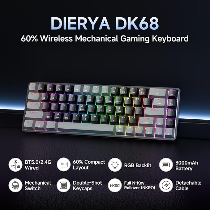 DIERYA DK68 60% Wireless Mechanical Gaming Keyboard, 3 Modes Bluetooth/2.4GHz/USB-C with Red Linear Switch, RGB Backlit, Anti-Ghosting, 68-Key Compact mini keyboard for Windows/macOS/Linux- Grey/Black