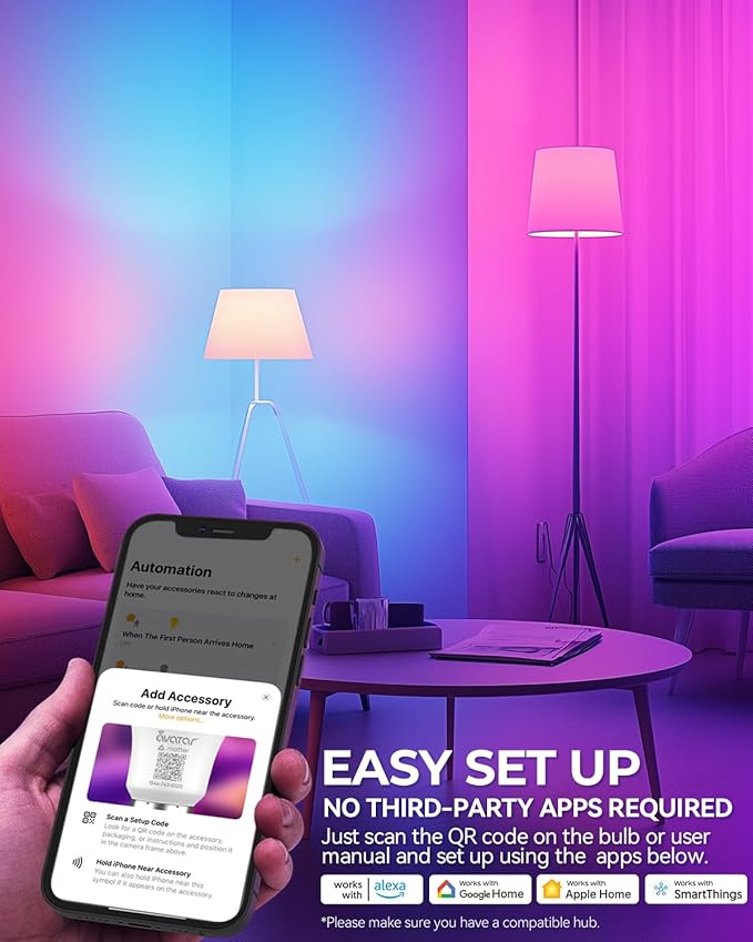 Matter E12 Candelabra Smart Bulb - No Dedicated App Needed, Compatible with Apple Home, Alexa & Google. RGBCW Color & Tunable White for Bedroom Lamps, Living Room & Home Office Lighting(2 Pack)
