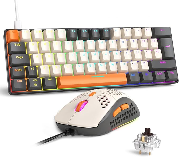 RK-T60 Wired 60% TKL Mechanical Gaming Keyboard Led Rainbow Backlight Ultra-Compact NKRO Linear Red Switch ABS Keycap RGB Honeycomb Mice Coiled Aviator Cable for Windows Laptop PS4/PC/WIN Gamer