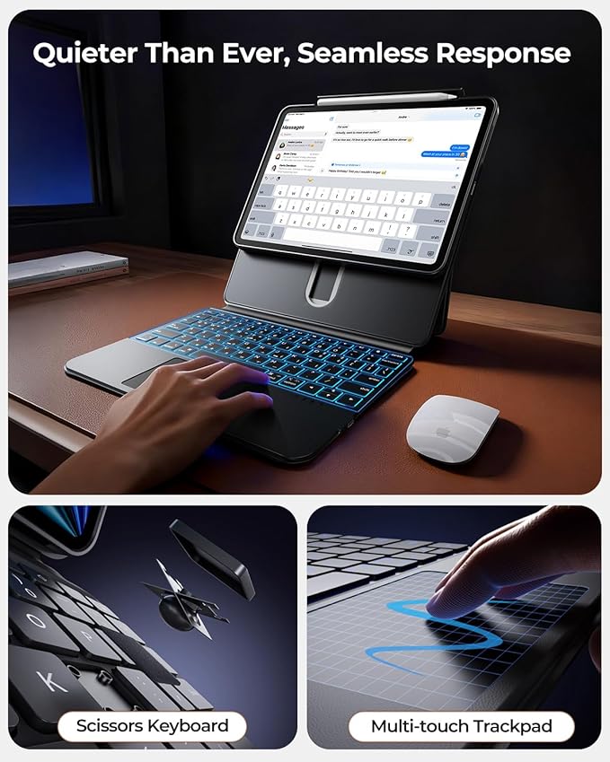 Clear Magnetic Keyboard Case for iPad Air 11" (M3/M2)& Pro 11" 4th 3rd 2nd 1st Gen, 7-Color Backlit, Multi-Touch Trackpad, Detachable 360 Rotation & Up-Down Lift Protective Case w/Stand, Black