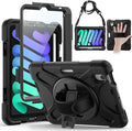 Gerutek Case for iPad mini 7 (A17 Pro) 2024/Mini 6 2021 8.3 inch, Shockproof Cover for iPad mini 7/6th Generation with Screen Protector, 360° Rotating Stand, Hand/Shoulder Strap, Pencil Holder-Black