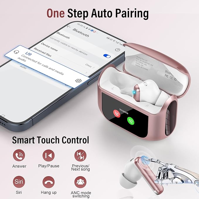 Thunelec Wireless Earbuds, Bluetooth 5.4 Headphones with Multifunctional Touch Screen, 48H Bass Stereo Ear Buds with ANC/ENC Noise Cancelling/Transparency Mode, IPX7 Earphones with 5 EQ Modes, Rose