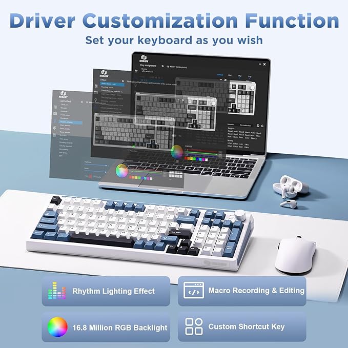 K98 Wireless Mechanical Keyboard,Tri-Mode BT5.0/2.4GHz/USB-C Hot Swappable Custom Keyboard,Gasket Structure,RGB Backlit Gaming Keyboard for Win & Mac(White&Blue,Cocoa-V2 Switch)