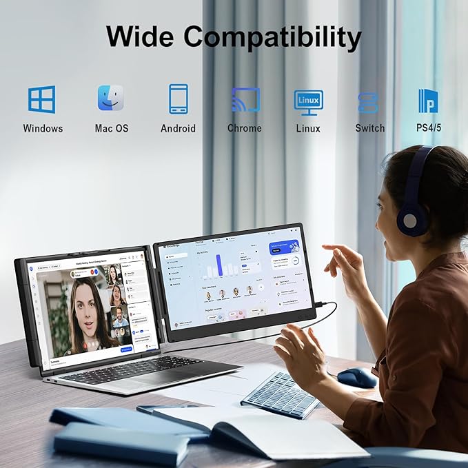 Cevaton Laptop Screen Extender, 14.2" FHD 1080P Portable Monitor for Laptop, Plug & Play Screen Extender, Auto Adjust Width Dual Monitor for 13" - 17" Laptops, Compatible for MacOS/Wins/Chrome/Dex