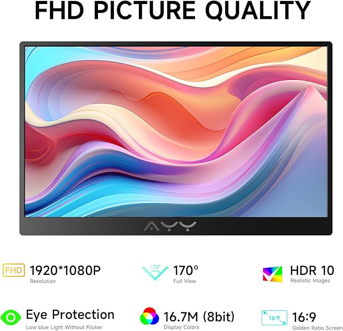 AYY Portable Monitor for Laptop 15 Inch, FHD 1080P USB-C HDMI Travel Monitor External for Computer, Second Display HDR IPS Gaming Monitor Extender for PC MAC Phone PS4/5 Xbox Switch, Built-in Speakers