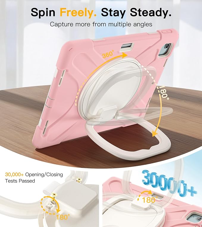 BRAECN for iPad Air 13 Kids Case M4 2026/M3 2025/M2 2024 & iPad Pro 12.9 Case (6th/5th4th/3rd Gen), Heavy Duty Silicone Cover with 360 Swivel Ring Kickstand/Shoulder Strap/Pencil Holder, Sakura Pink