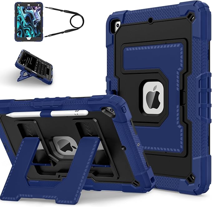Kids Friendly Case for Apple iPad 10.2" 9th 8th 7th Generation 2021/2020/2019 Case with Pencil Holder & Shoulder Strap, Military Grade Shockproof Kickstand Hard Shell Protective Cover,Blue+Black