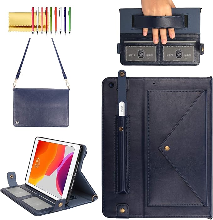 Lightweight Folio Stand Crossbody Wallet Case for iPad Mini 7.9" Series, iPad Mini 4/5 - Soft Protective Cover with Pencil Holder, Hand & Shoulder Straps, Navy