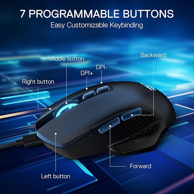 Redragon M695 Wired Gaming Mouse, 24,000 Max DPI Optical Gaming Mice with 7 Programmable Buttons, Ergonomic Natural Grip Build, Software Supports DIY Keybinds & DPI, Black