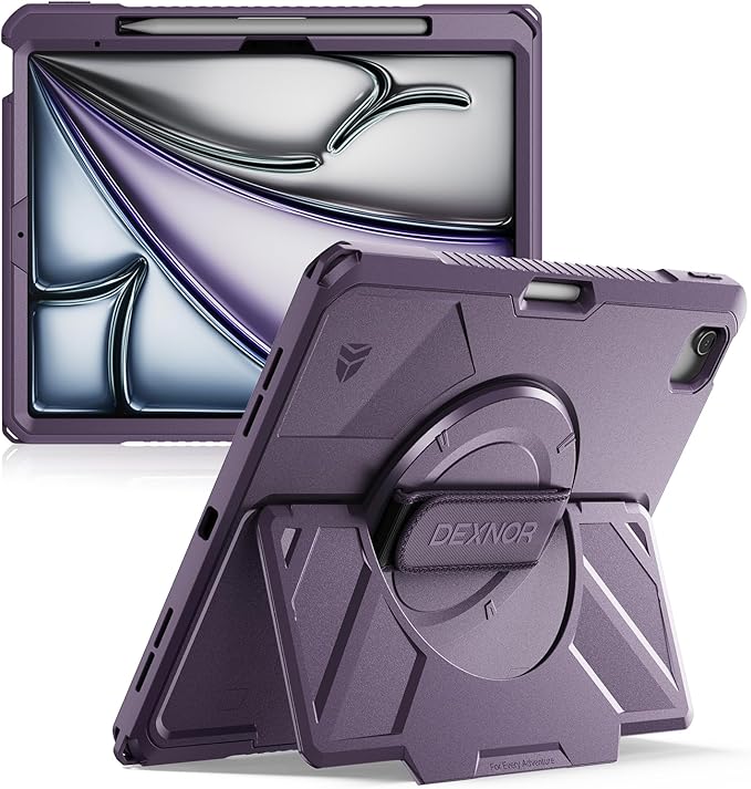 Dexnor Case for iPad Air 13 inch M4/M3/M2 (2026/2025/2024), Rugged Protective Case with 360° Rotating Hand Strap& Steady Stand&Screen Protector&Pencil Holder Shockproof Full-Body Bumper Cover, Purple