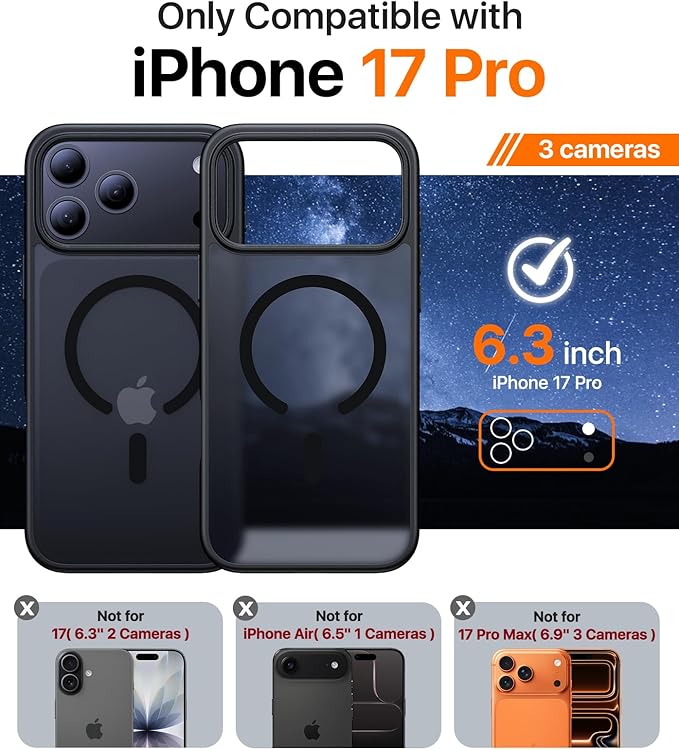 Magnetic for iPhone 17 Pro Case,[Anti-Slip][Compatible with MagSafe][Military Grade Drop Protection] Shockproof Protective Translucent Matte Phone Case for iPhone 17 Pro Case,Black