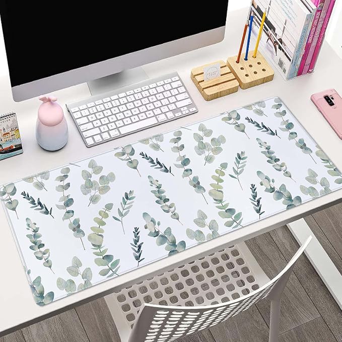 Gaming Large Mouse Pad with Stitched Edges, Watercolor Eucalyptus Branches Pattern Desk Mat, Extended Keyboard Pad, Non-Slip Rubber Base Desk Pad for Keyboard and Mouse, 31.5X11.8 inch