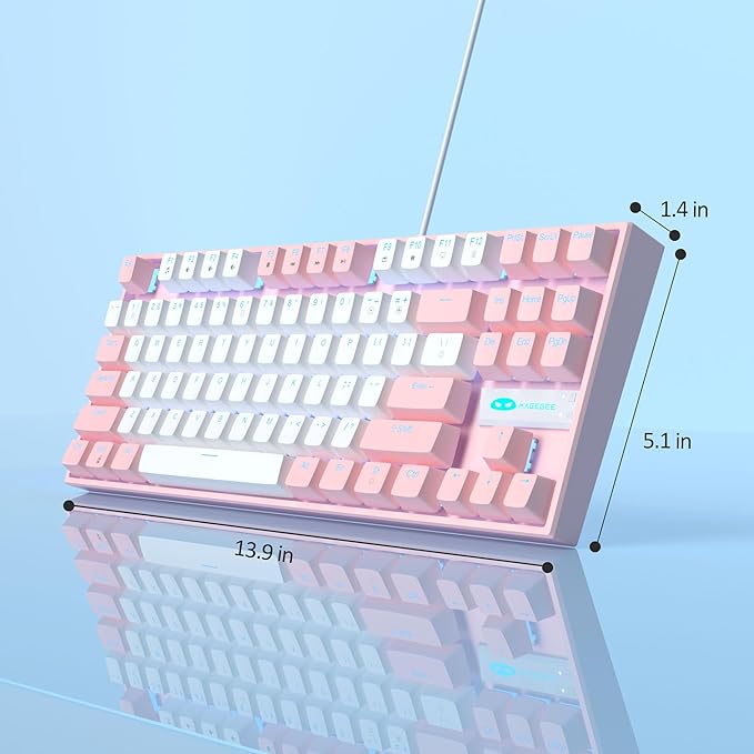 MageGee 75% Mechanical Gaming Keyboard, Red Switch, LED Blue Backlit, 87 Keys Compact TKL Wired Computer Keyboards for Windows Laptop PC Gamer - White/Pink