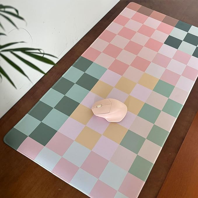 Checkered Desk Mat Cute Pink Pastel XXL Large Mouse Pad Aesthetic Boho Desk Pad with Stitched Edges, Office Decor Keyboard Pad Mouse Mat for Computer