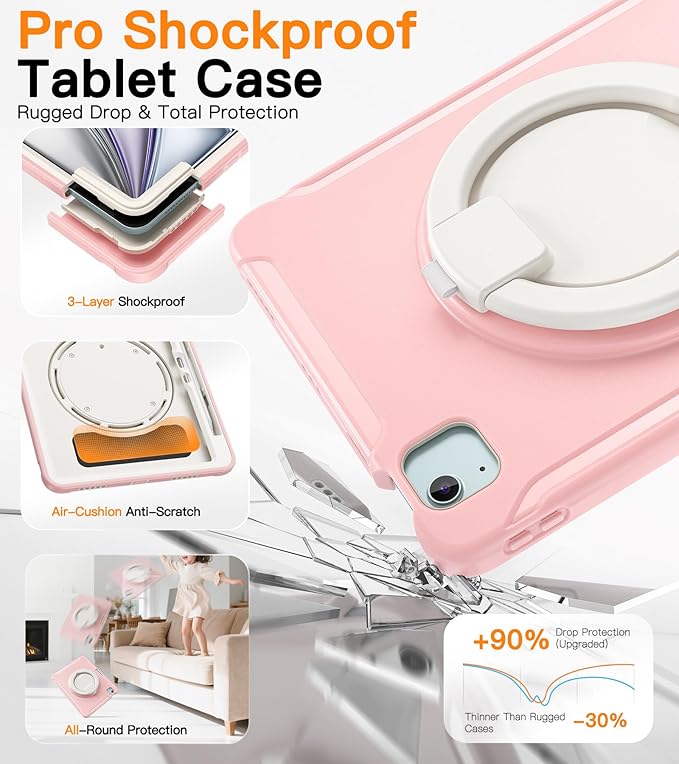 BATYUE Shockproof Case for iPad Air 11" M2/M3/M4, Air 4/5 10.9", iPad Pro 11" 1st-4th Gen 2018-2022 | 360° Multi-Angle Stand (Portrait & Landscape) & Grip, Built-in Pencil Holder, Pink