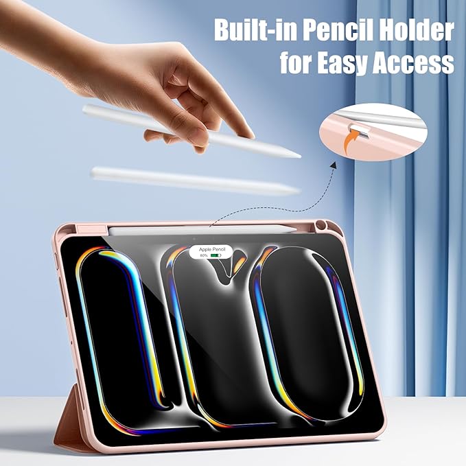 Kidopire New Compatible with iPad Pro 11 Inch Case (M4 2024/M5 2025) with Pencil Holder, Smart Cover with Protective Trifold Stand & Soft TPU Back, Auto Wake/Sleep, Support Pencil Pro, Rose Pink