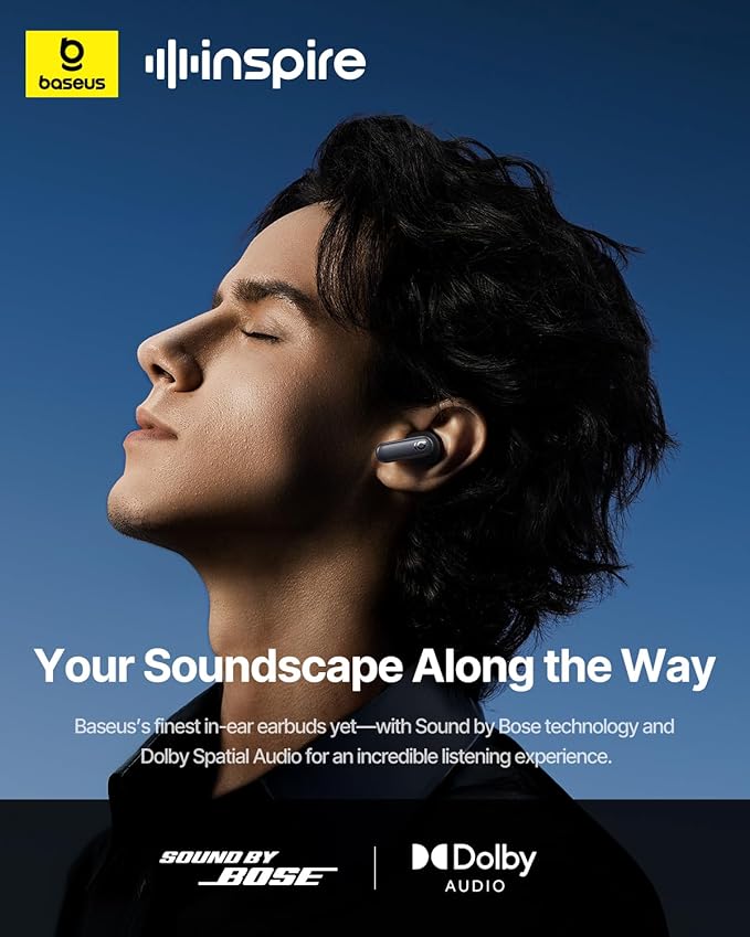 Baseus Inspire XP1 Adaptive Noise Cancelling Earbuds, Sound by Bose, Dolby Audio, Premium Real-Time Adaptive ANC, Adaptive Tuning Sound, Natural Fit Design, 6-Mic Adaptive Clear Calls, 45H Playtime