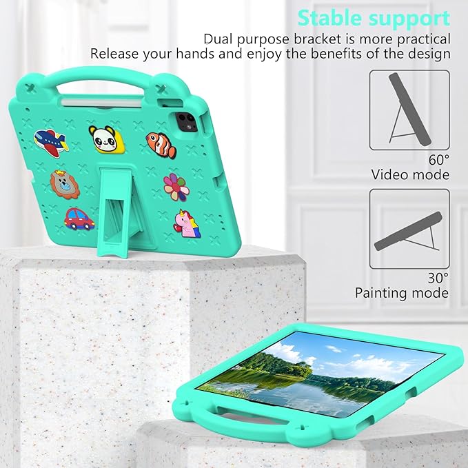AKABEILA Compatible with Apple iPad Air 1 2013/Air 2 2014/Pro 9.7(2016)/iPad 9.7(2017/2018) Tablet Case, Kids Shockproof Protective Case with Shoulder Strap & Stand Handle & Pen Tray Mint Green