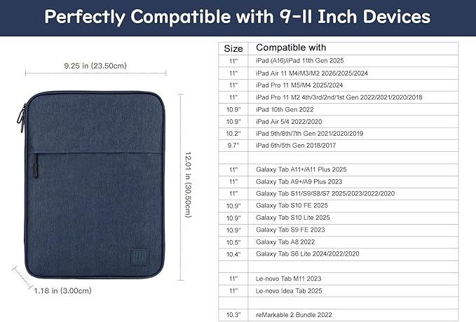 Dadanism 9-11 Inch Tablet Sleeve Padded Carrying Case for iPad (A16) 11th Gen 11", iPad 10th Gen 10.9", iPad Air M4/Pro M5 11", iPad Air 5/4, iPad 9/8/7th Gen, Galaxy Tab A11+ Plus 11", Dusty Blue