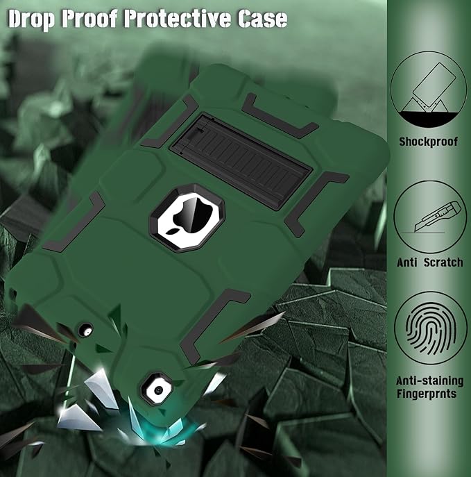 CCMAO for iPad 9th Generation Case, iPad 8th 7th Generation Case, iPad 10.2 Inch 2021/2020/2019 Case, Heavy Duty Rugged Shockproof Protective Cover with Kickstand, Dark Green+Black