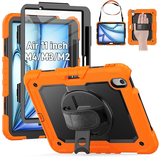 HXCASEAC Rugged Case for iPad Air 11 inch M4 M3 M2 (2026 2025 2024), Heavy Duty Protective Design with Pencil Holder, Screen Protector, Rotating Stand, Hand Strap, for iPad Air 11 Hard Case (Orange)
