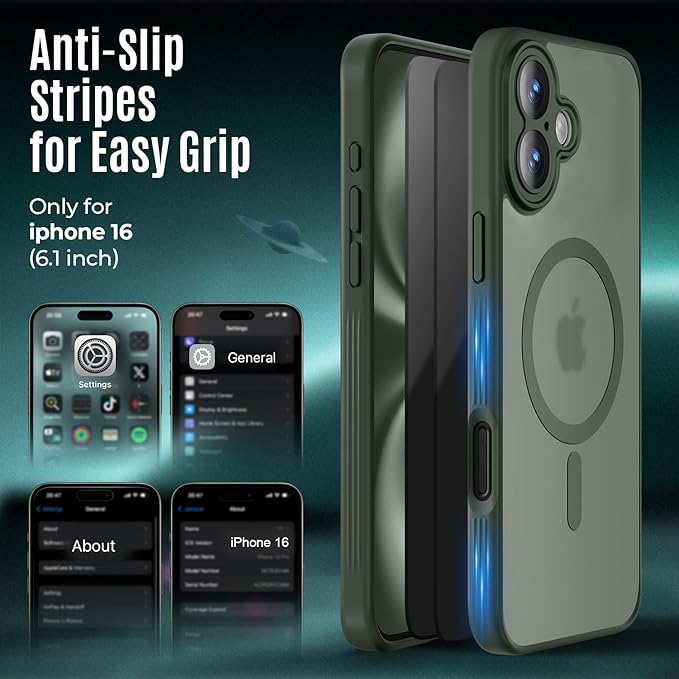 Symcele Designed for iPhone 16 Case, Compatible with MagSafe, with Privacy Screen Protectors X2, [Camera Protection] [15FT Military Drop Protection] Shockproof Phone Case, 6.1", Alpine Green