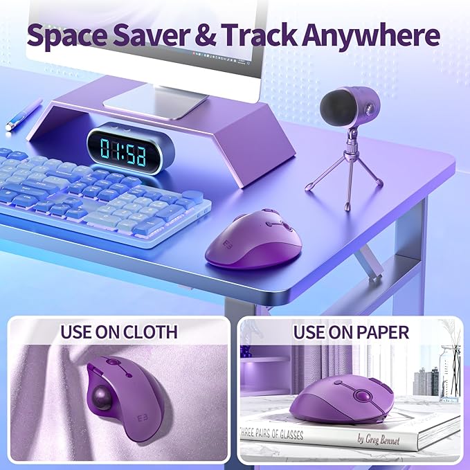 seenda Wireless Trackball Mouse, Ergonomic Bluetooth Rollerball Mouse Rechargeable, 3 Device Connection Optical Mice Adjustable DPI Thumb Control Mice Compatible for PC/Laptop/Windows/Mac - Purple
