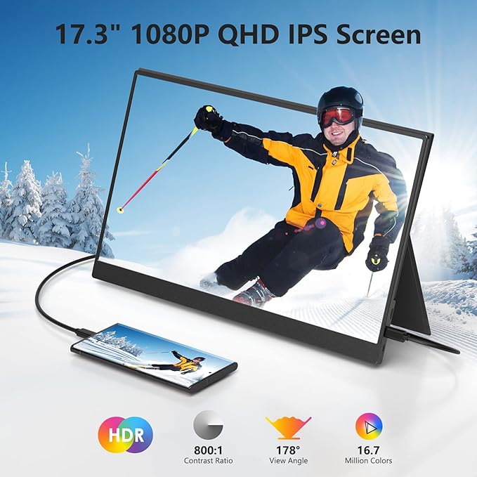 ForHelp 17.3" Portable Monitor 1080P FHD 144Hz Narrow Edge Laptop Monitor USB C HDMI Gaming Computer IPS HDR Screen, Travel Monitor for PC Mac Phone Xbox PS5 Switch Laptop w/Smart Cover & Speakers
