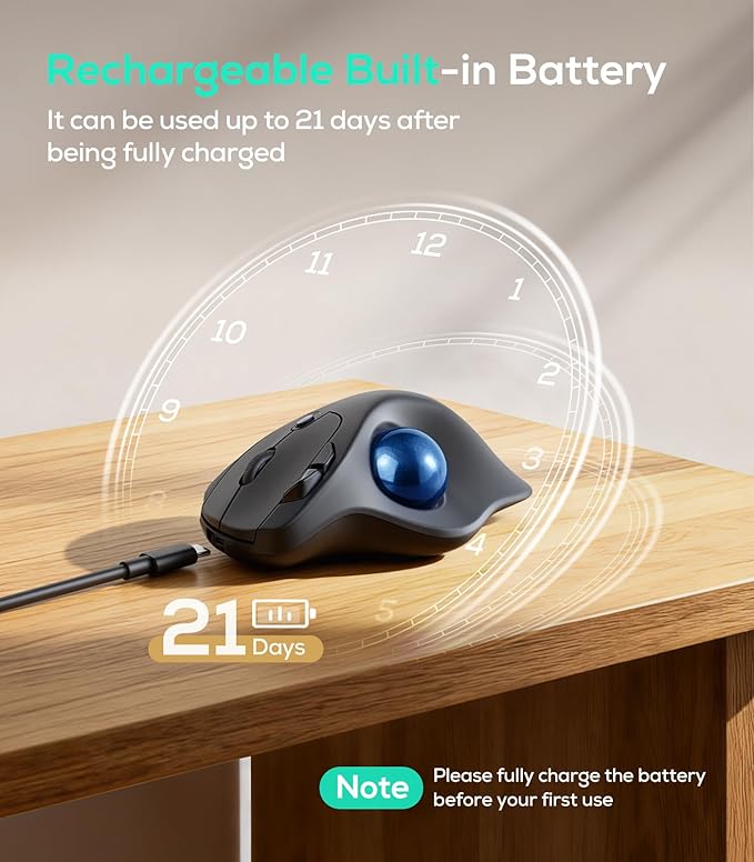 Nulea M511 Wireless Trackball Mouse, Rechargeable Ergonomic Thumb-Control Mouse with Tilt Stand, Smooth & Precision Tracking, 3 Device Connection (Bluetooth or USB Receiver), for PC/Mac/Laptop-Blue