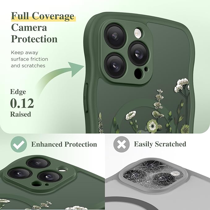 GVIEWIN for iPhone 14 Pro Max Case Compatible with MagSafe [Curly Wave Edge][Full Camera Protection] Floral Translucent Shockproof Magnetic Women Phone Case for 14 Pro Max, Floratopia/Forest Green