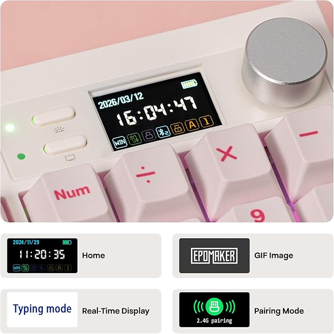 EPOMAKER QK108 Full Size Mechanical Keyboard with Screen & Knob, 8000mAh, Creamy&Thocky, Gasket, RGB Backlit, Mac Keycap, Wireless Gaming Keyboard for Mac/Win (Pink, Creamy Jade)