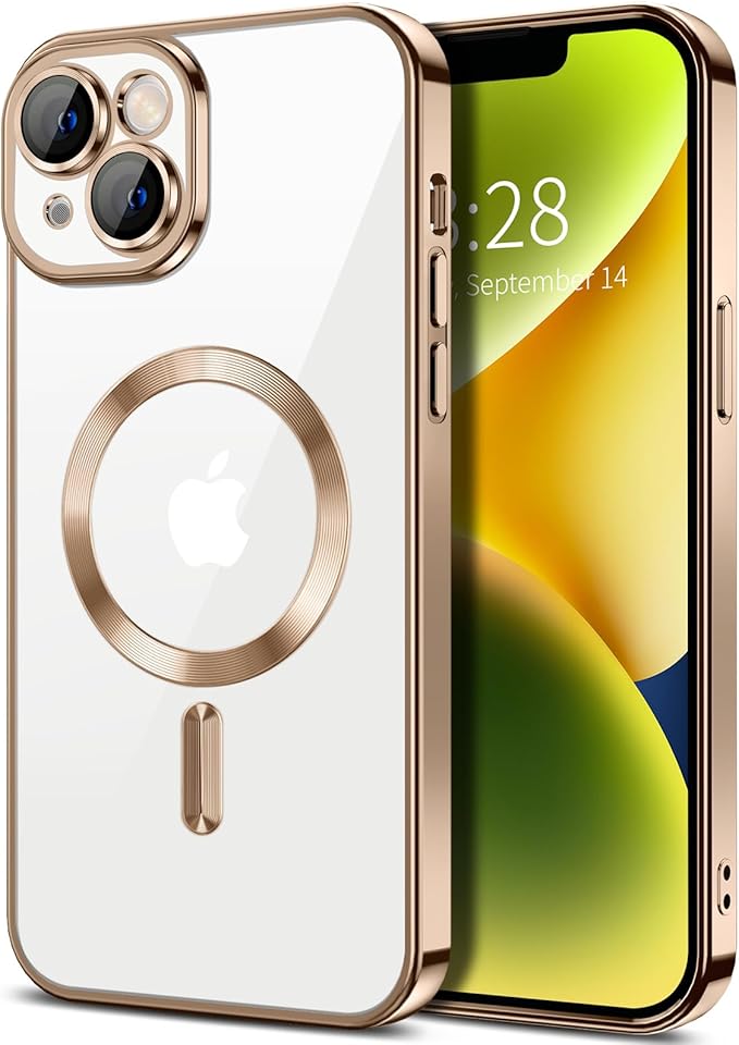 Hython Magnetic Clear for iPhone 14 Plus Case with Camera Lens Protector [Compatible with MagSafe] Luxury Plating Edge Slim Soft TPU Cover Protective Phone Case for iPhone 14 Plus 6.7", Desert Brown