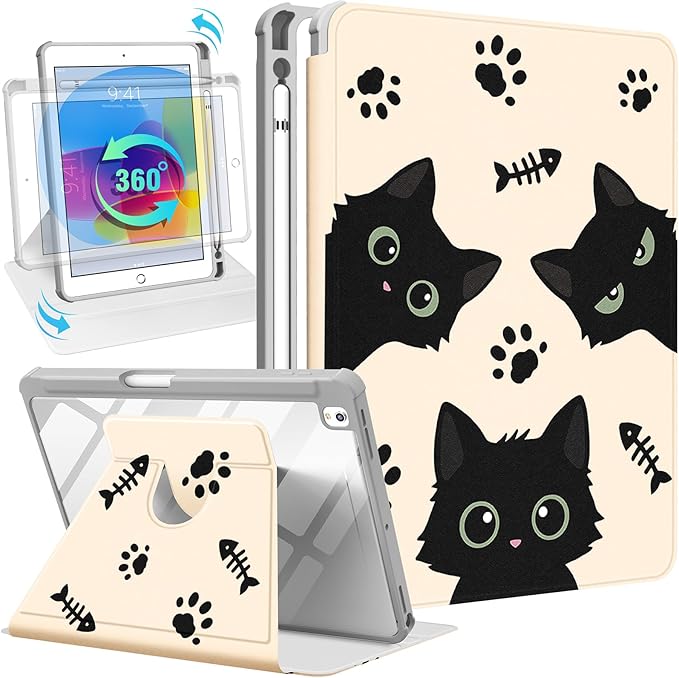 Uppuppy for iPad 9th/8th/7th Generation Case for iPad Air 3rd/ Pro 10.5” Case - 360 Rotating Stand Folio Smart Cover with Pencil Holder for Women Girl, Black Cats for Apple Tablet 7/8/9 Gen 10.2 inch