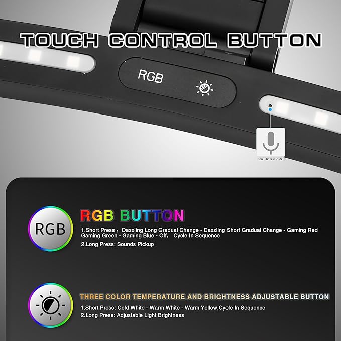 Curved Monitor Light Bar with RGB Backlight, 3 Color Temperature and Stepless Dimming, Music Sync LED Screen Strip with Touch Control Buttons for Computer Screens
