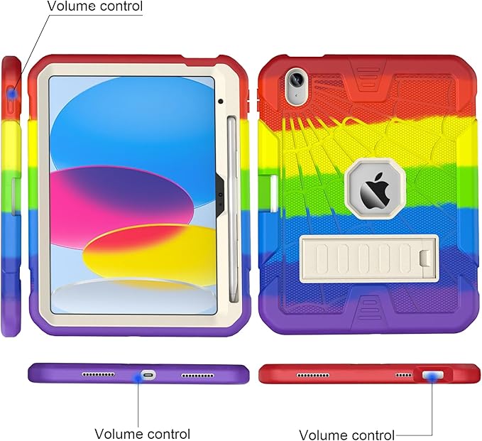 SIBEITU Case for iPad (A16) 11th Gen 11-inch 2025 & iPad 10th Gen 10.9 Inch 2022, Rugged Military Grade Protective Cover Built-in Kickstand & Pencil Holder | Vibrant Rainbow for Young Artists & Kids