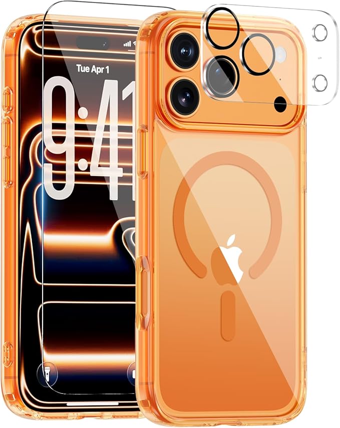 for iPhone 17 Pro Max Case, Compatible with MagSafe, Magnetic Slim Cover, Anti-Yellowing & Shockproof, Full Camera Protection, Includes Screen & Lens Protectors, Clear Orange Protective Case