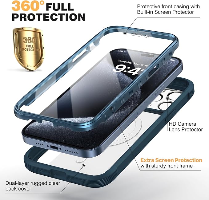 Diaclara Magnetic Designed for iPhone 15 Pro Max Case Full Body Bumper,[Compatible with MagSafe] Military Drop Proof Cover with Built-in Touch Sensitive Anti-Scratch Screen Protector,Blue