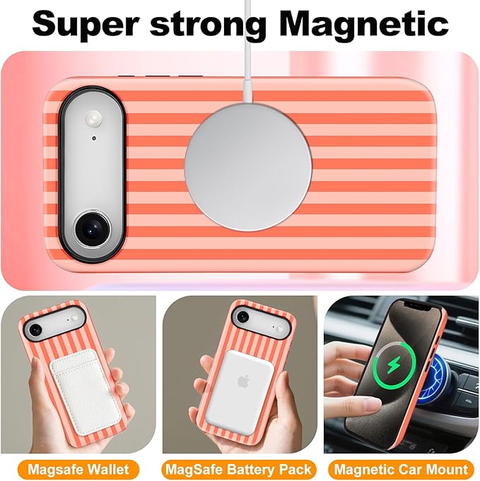 Magnetic for iPhone 17 Air Case Cute Stripes Phone Case, Shockproof Slim TPU and Hard PC Protective Phone Cover Compatible with MagSafe Designed for Women Girls, Deep Orange