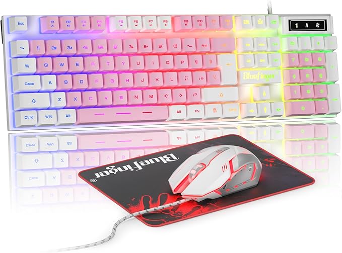 BlueFinger RGB Gaming Keyboard and Backlit Mouse Combo, USB Wired, LED Gaming Set for Laptop PC Computer Game and Work (White & Pink)