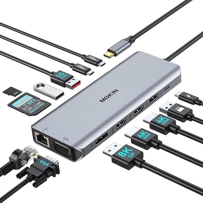 USB C Docking Station 4 Monitors 13 in 1, Dual HDMI+8K DP+VGA, 10Gbps, 100W PD, 6 USB C/A Ports, Ethernet, SD/TF, MOKiN Laptop Docking Station for MacBook/Dell/HP/Surface