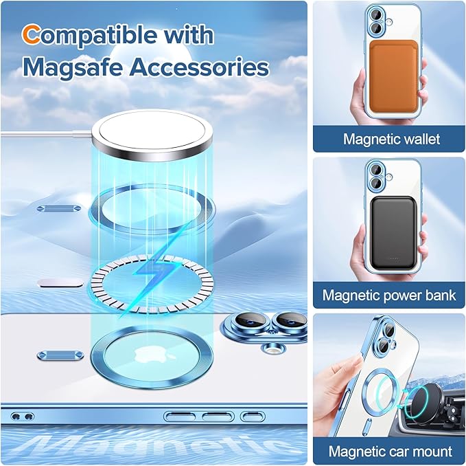 Hython Magnetic Clear for iPhone 16 Case with Camera Lens Protector [Compatible with MagSafe] Luxury Plating Edge Slim Soft TPU Cover Protective Phone Case for iPhone 16 6.1", Light Blue