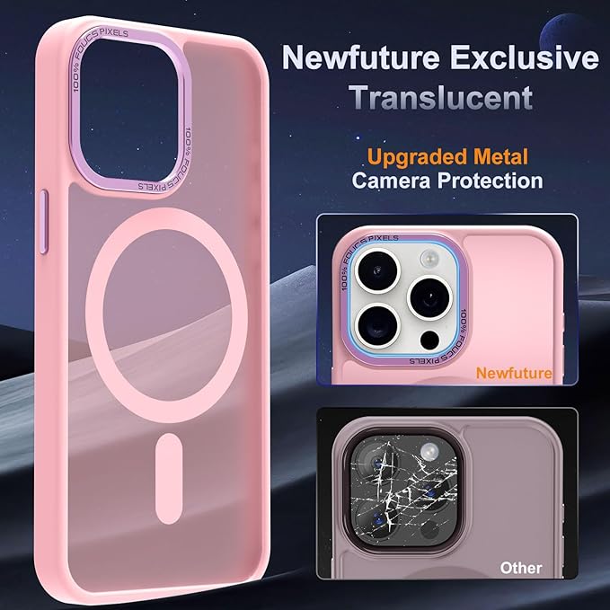 Newfuture Magnetic for iPhone 15 Pro Case [Compatible with Magsafe] [Military Grade Drop Protection] Translucent Matte Anti-Fingerprint Shockproof Phone Case for iPhone 15 Pro 6.1 inch, Tender Pink