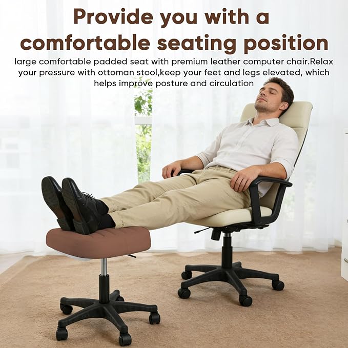 Height Adjustable Foot Stool,550lbs Heavy Duty Large Seat Under Desk Footrest,Swivel Rolling Chair Sturdy Wheels,2 in 1 Ottoman Stool Meeting Chair for Home Office,Browm